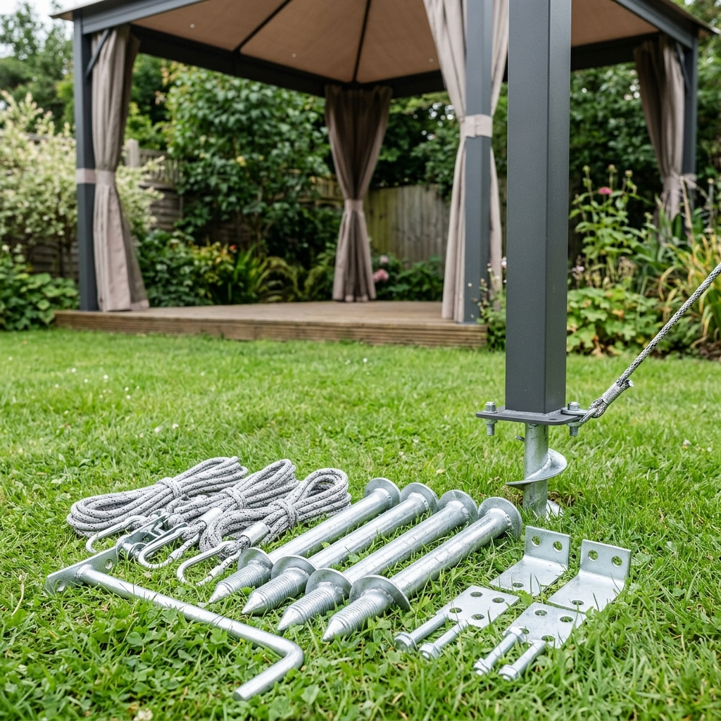 Galvanized steel Terra ground anchor kit with screw stakes and ropes on grass