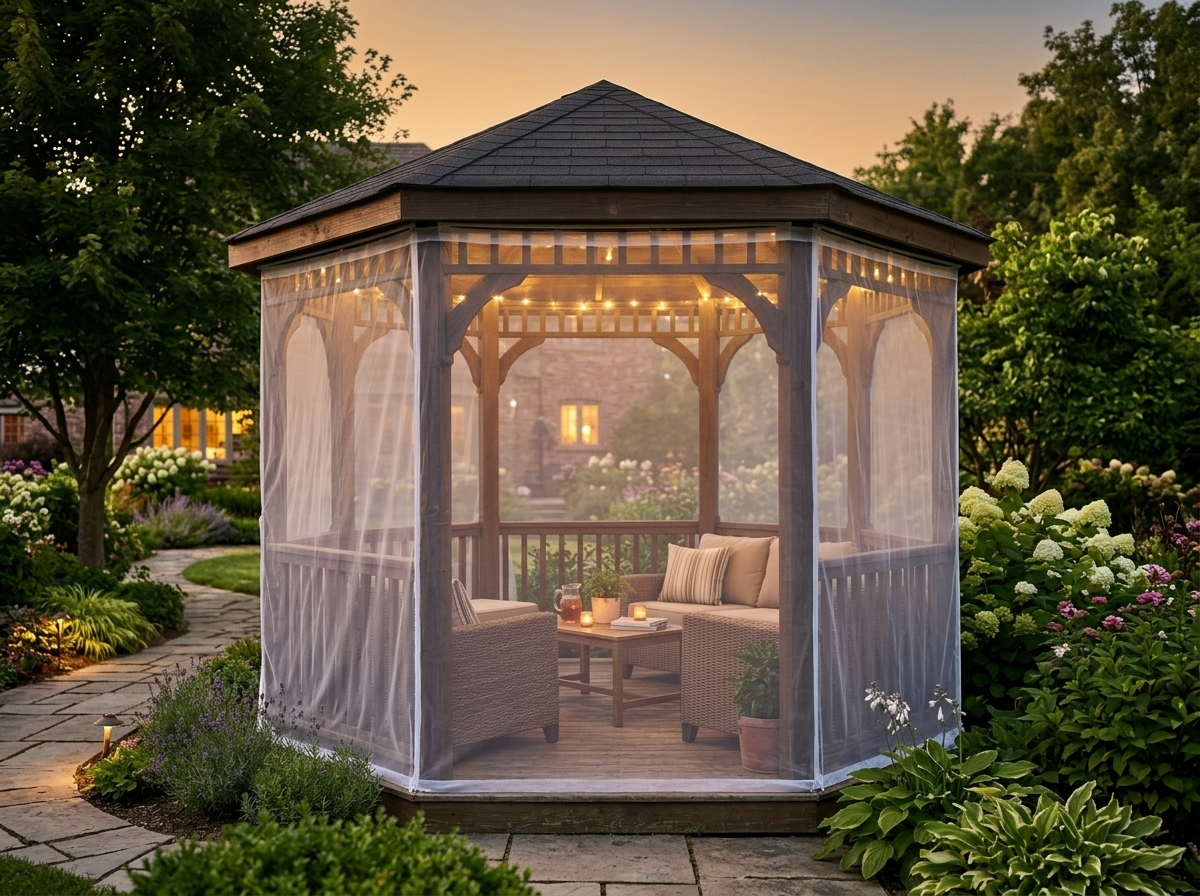 Gazebo enclosed with white netting and an outdoor sofa in the evening