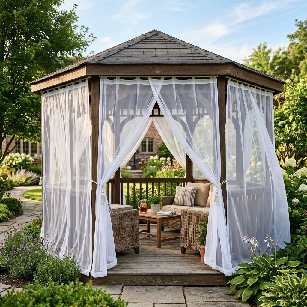 White Breeze gazebo mosquito netting draped around a garden gazebo