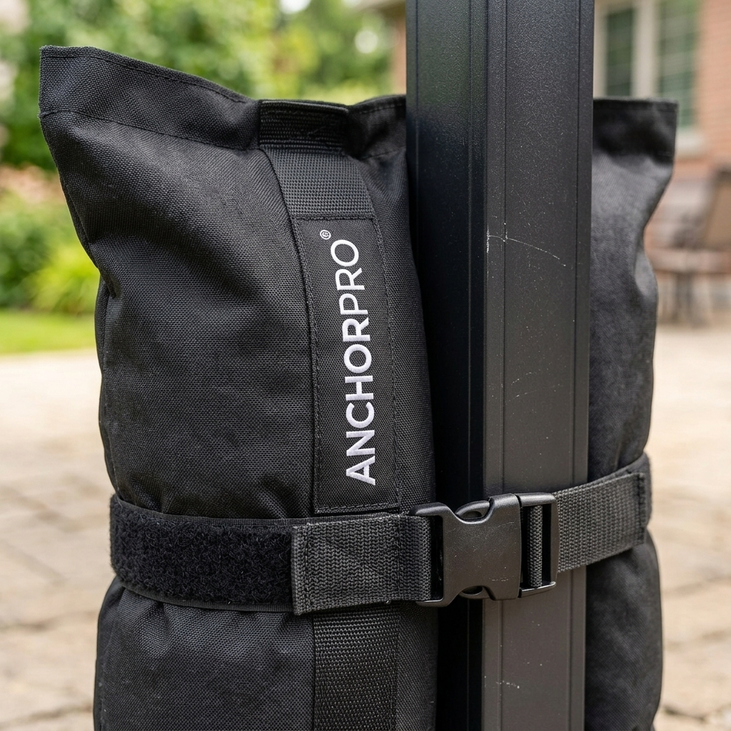 Close-up of a weight bag with its hook-and-loop wrap around a gazebo leg