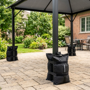 Set of four black Anchor Pro gazebo weight bags fixed to gazebo legs