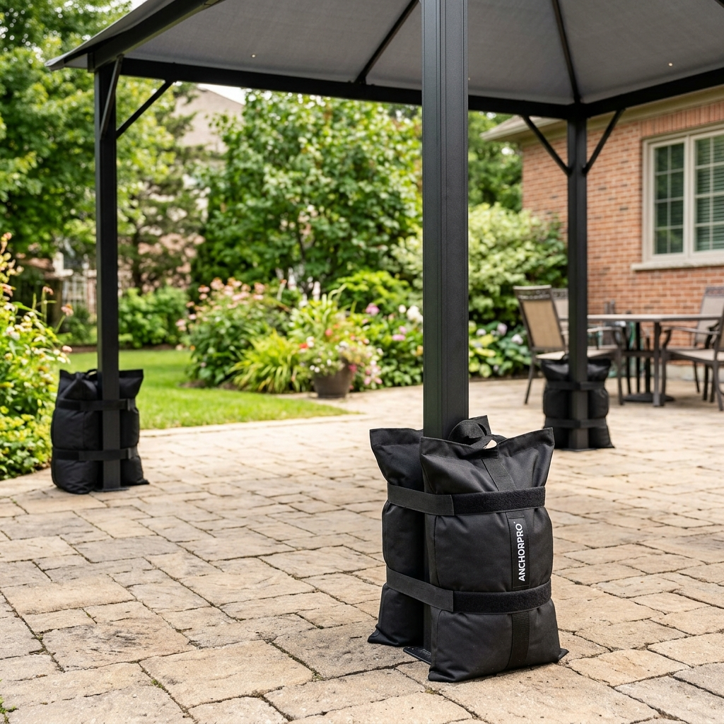 Set of four black Anchor Pro gazebo weight bags fixed to gazebo legs