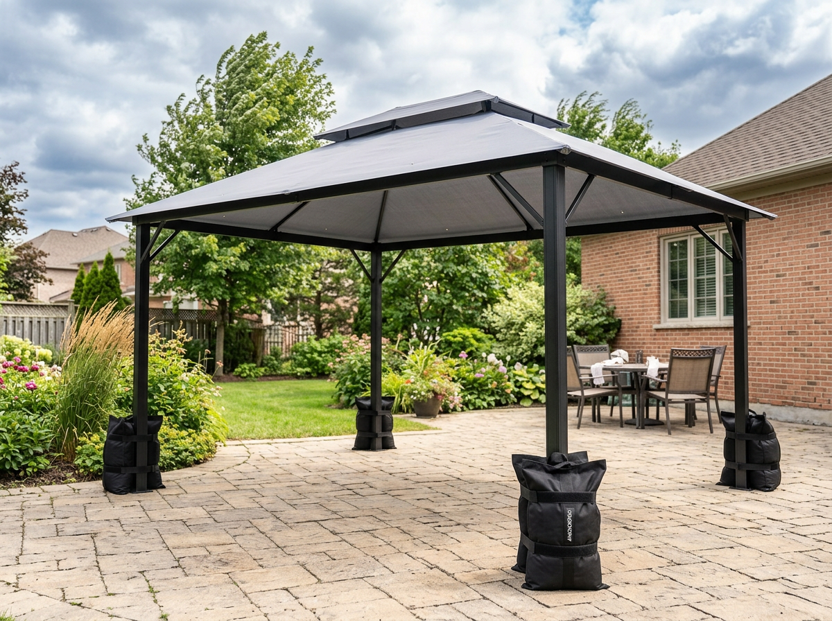 Pop-up gazebo held steady by four weight bags on a windy patio