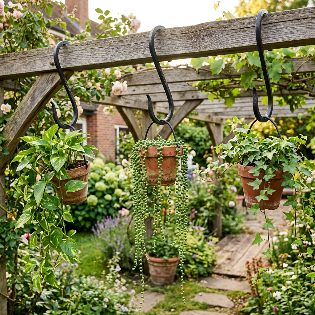 Set of black metal Verde S-shaped planter hooks holding plants from a pergola beam