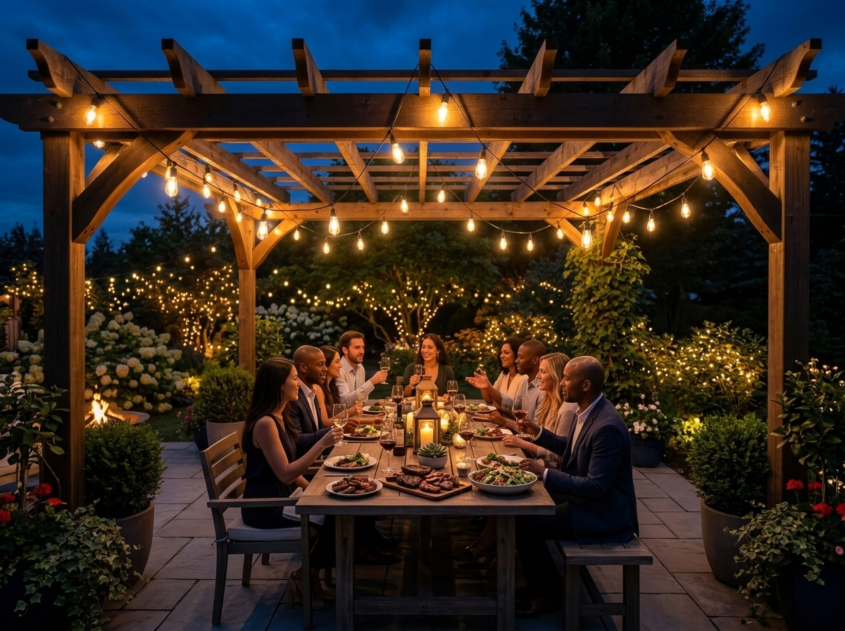 Backyard pergola dinner lit by warm-white Velnoba string lights in the evening
