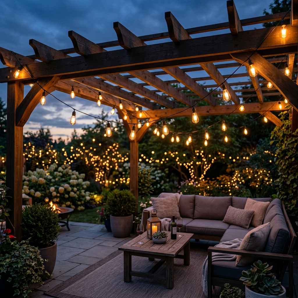 Warm white Lumen LED string lights draped across a pergola at dusk