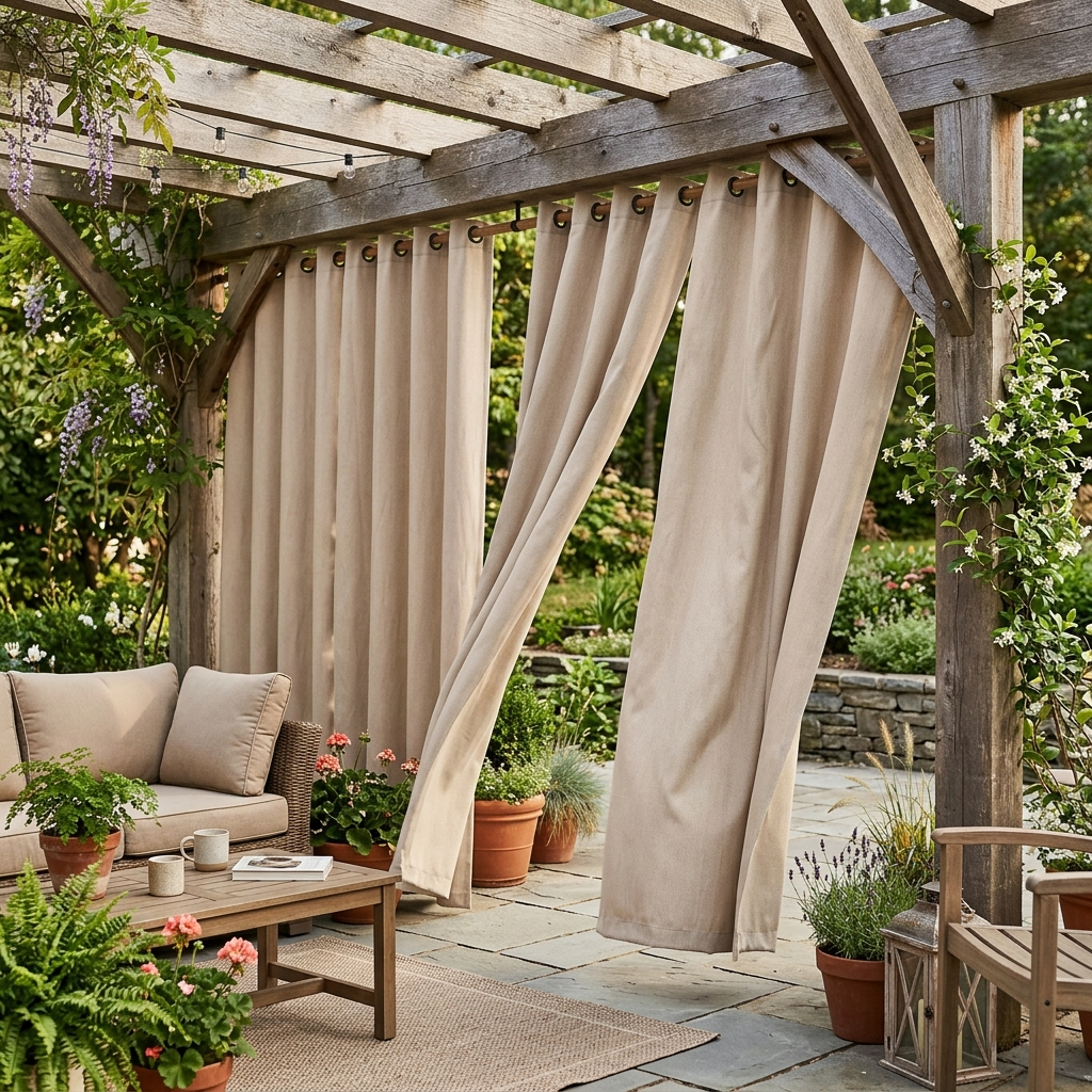 Taupe Solace privacy curtains hung on a wooden pergola on a patio