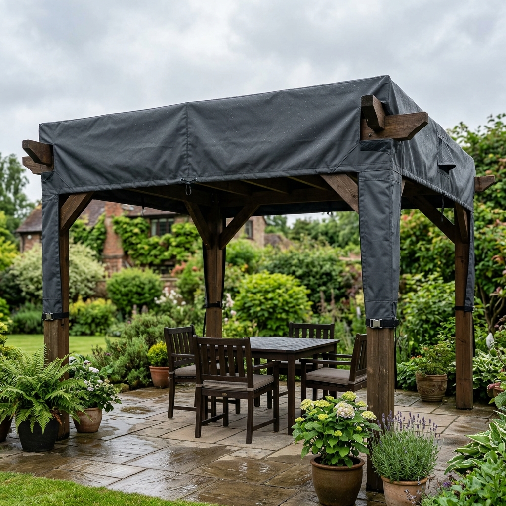 Dark grey Fortis waterproof cover fitted over a wooden pergola frame