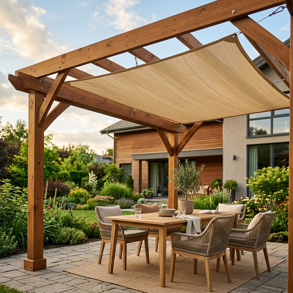 Beige Aria pergola shade canopy installed on a wooden backyard pergola