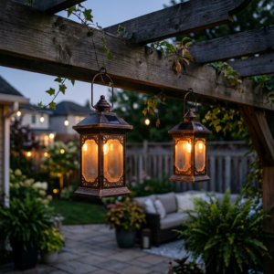 Pair of bronze Aurora solar hanging pergola lanterns glowing at dusk on a beam