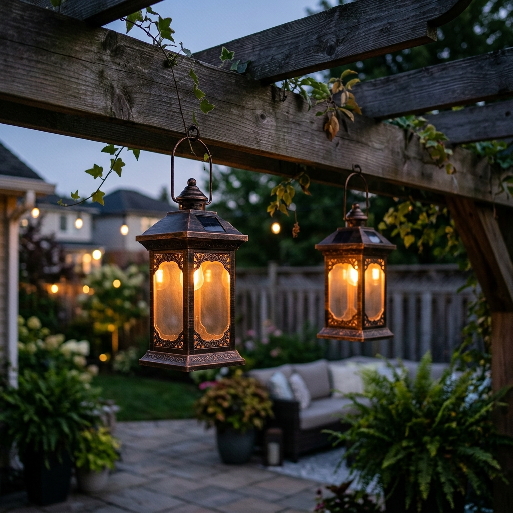 Pair of bronze Aurora solar hanging pergola lanterns glowing at dusk on a beam
