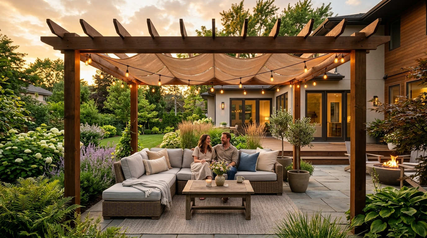 Modern backyard pergola with a beige shade canopy and warm string lights at golden hour