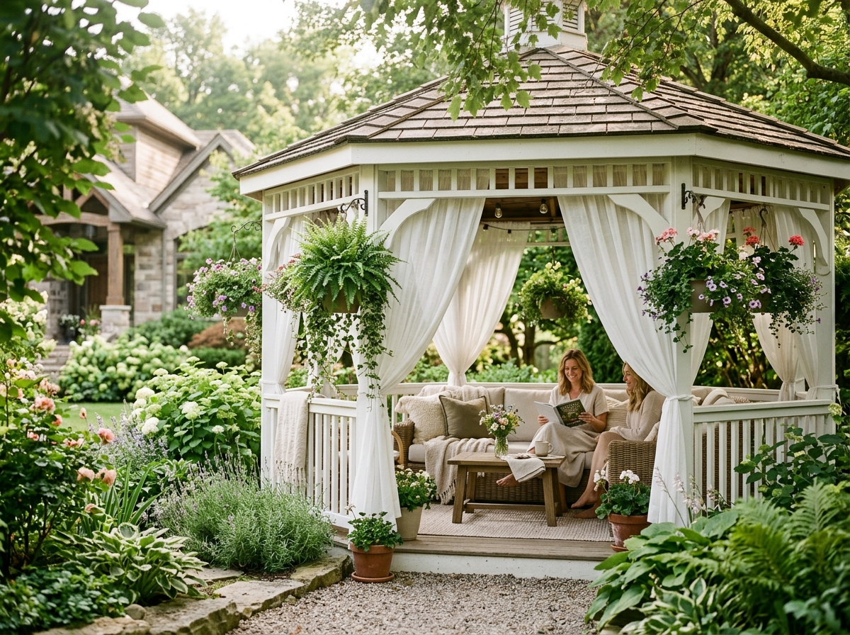 Serene backyard gazebo with flowing white netting curtains and hanging planters in a green garden